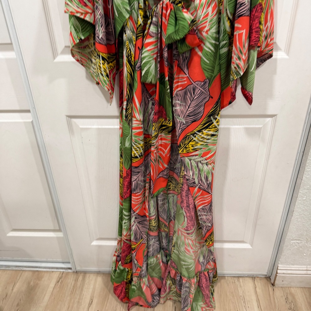 Philthy Tropical Leaf Print Maxi Kimono Robe Ruffle Hem Red Green L/XL - Picture 2 of 8